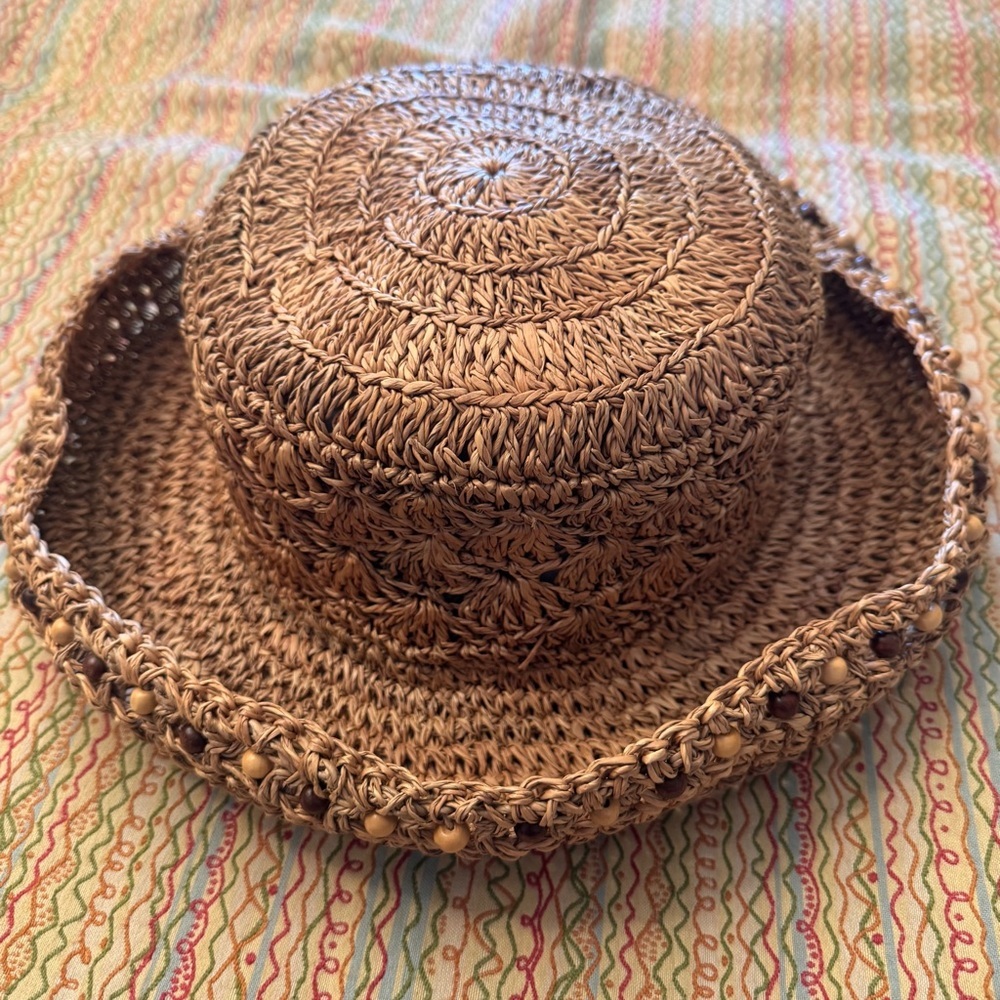 Scala Collezione Designer Packable Vacation Beach Women’s Straw Hat Wood Beads